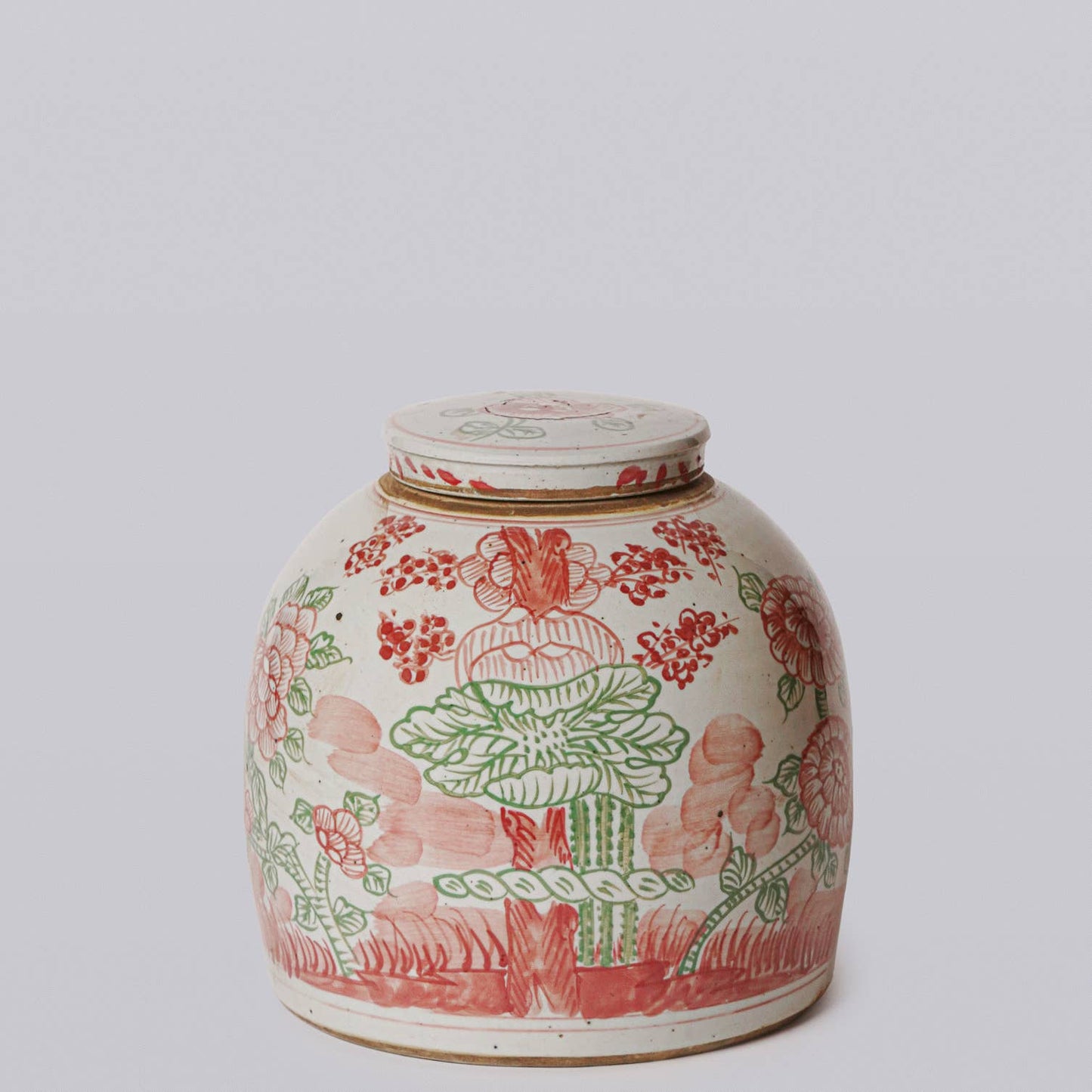 Pink and Green Porcelain Four Seasons Lidded Jar
