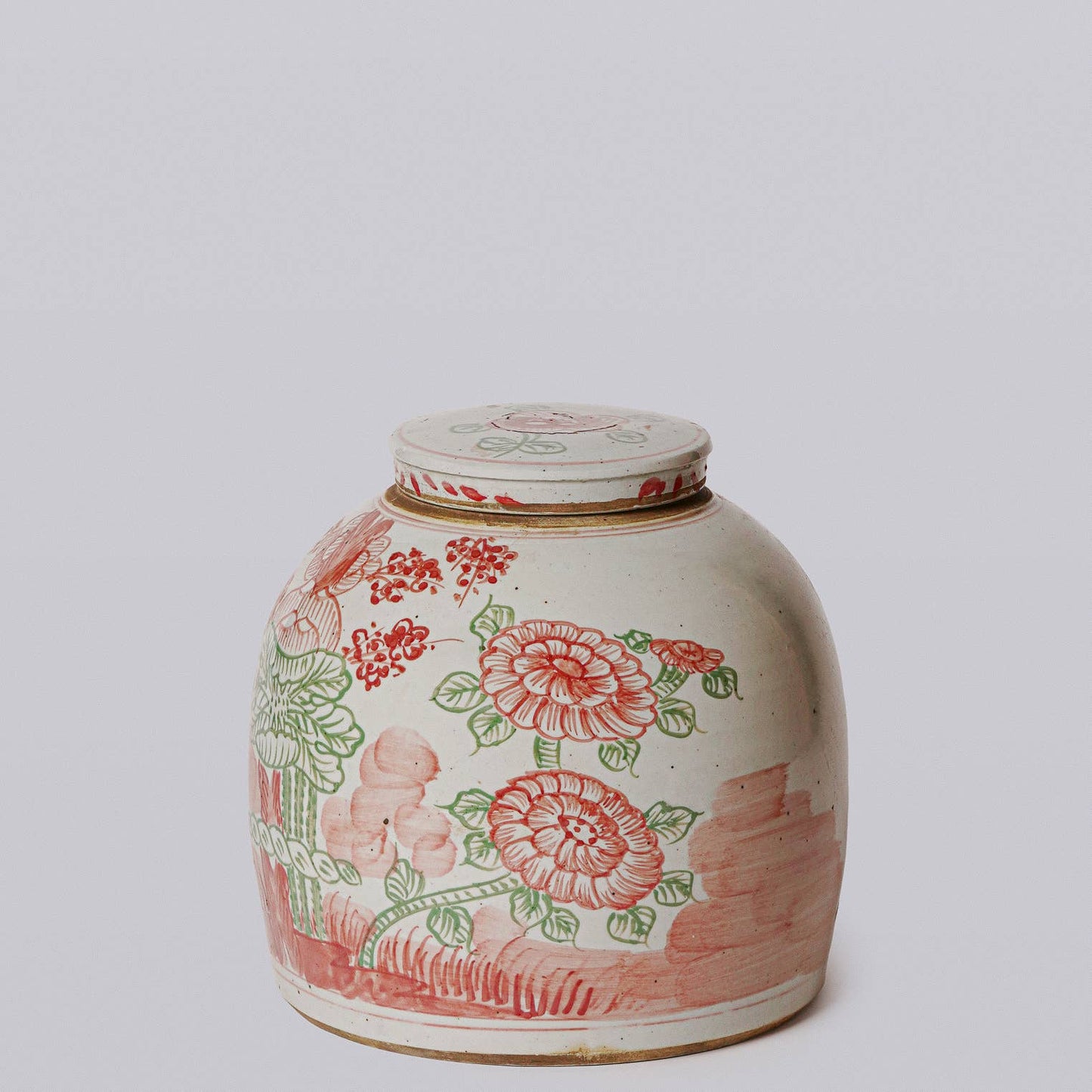 Pink and Green Porcelain Four Seasons Lidded Jar