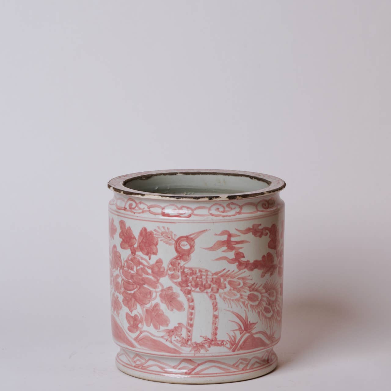 Rustic Peacock Red and White Porcelain Cachepot