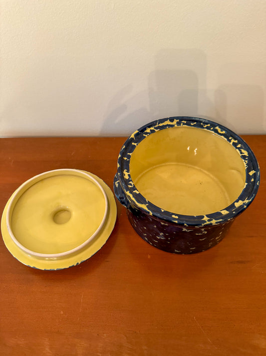 Blue and Yellow Spongeware Pot with Lid