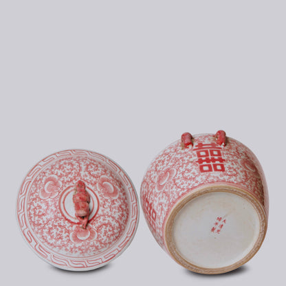 Red and White Porcelain Double Happiness Lug Jar