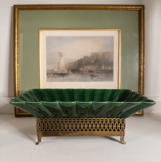 Green Scalloped Planter with Gold Stand