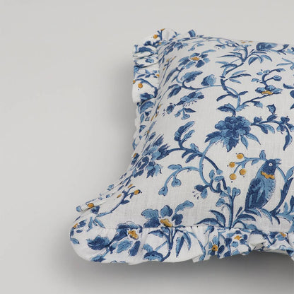 Ruffled Cushion Cover - Blue Robin & Peony