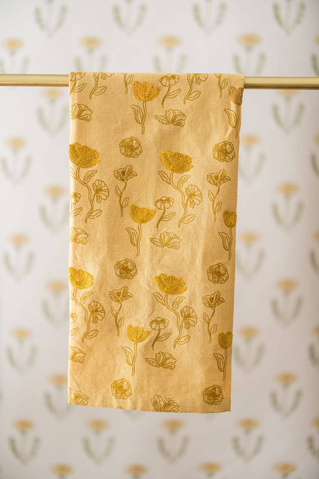 Yellow Poppy Embroidered Tea Towel