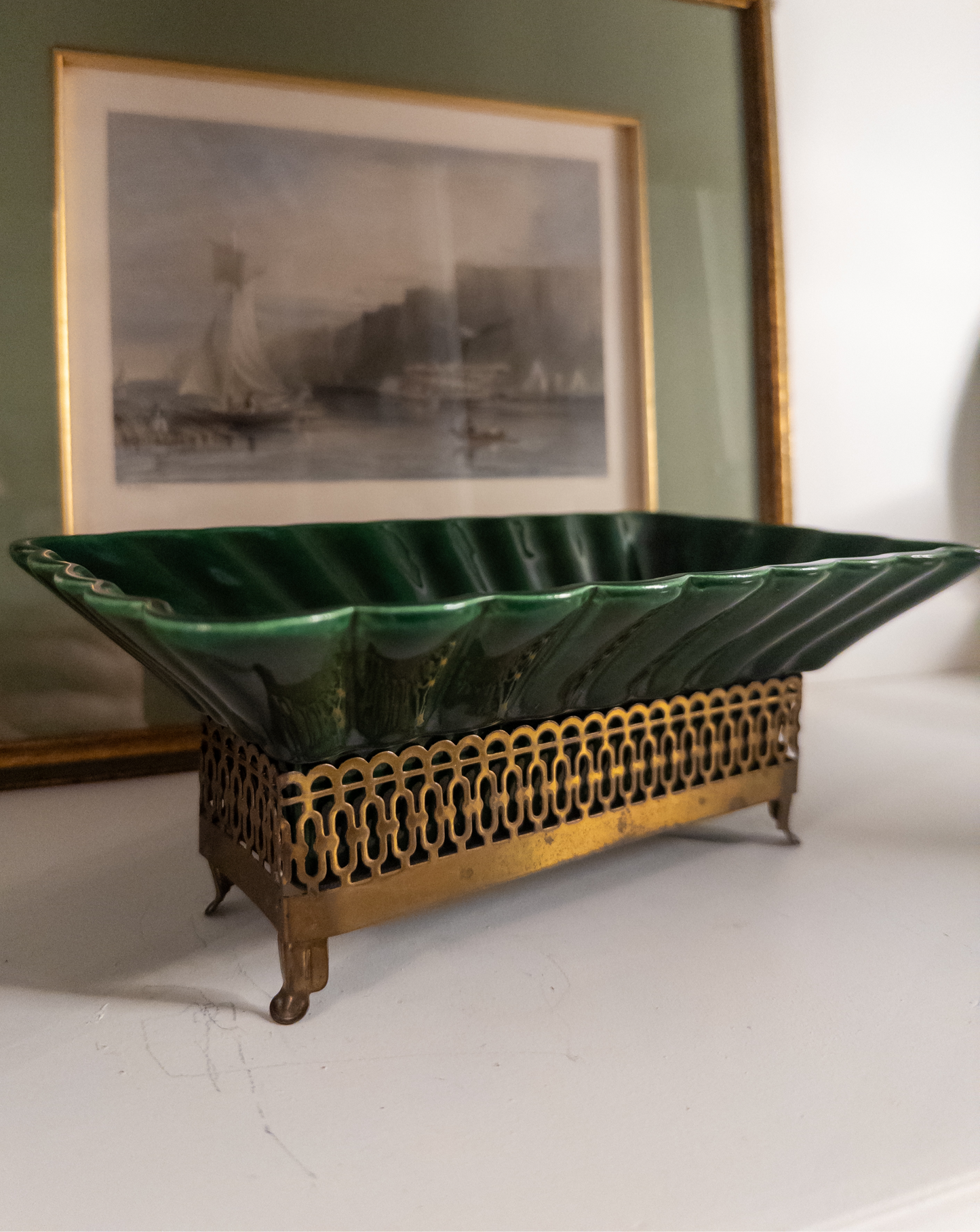 Green Scalloped Planter with Gold Stand