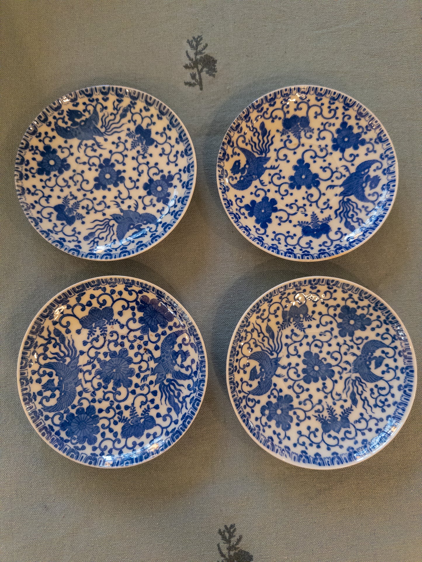 Set of 4 Blue and White Bird Saucers