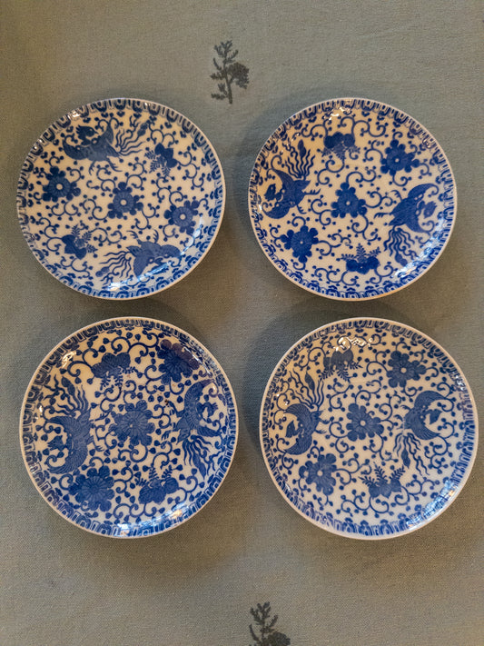 Set of 4 Blue and White Bird Saucers