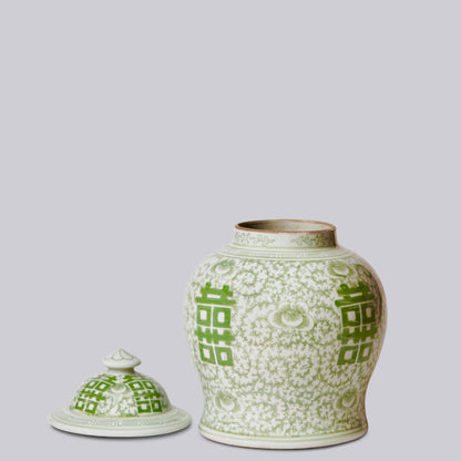 Medium Green and White Porcelain Double Happiness Jar
