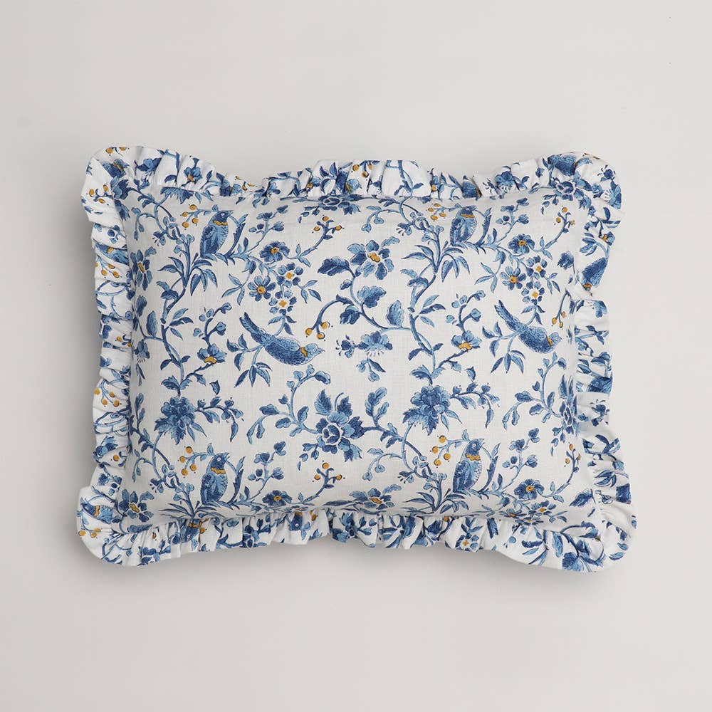 Ruffled Cushion Cover - Blue Robin & Peony